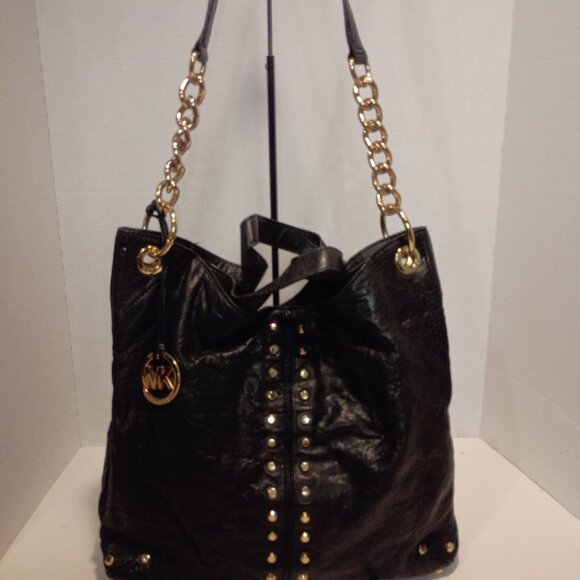 MK MICHAEL KORS Astor Uptown Black Textured Leather Bag Gold Studs Chunky Chain - Picture 10 of 15